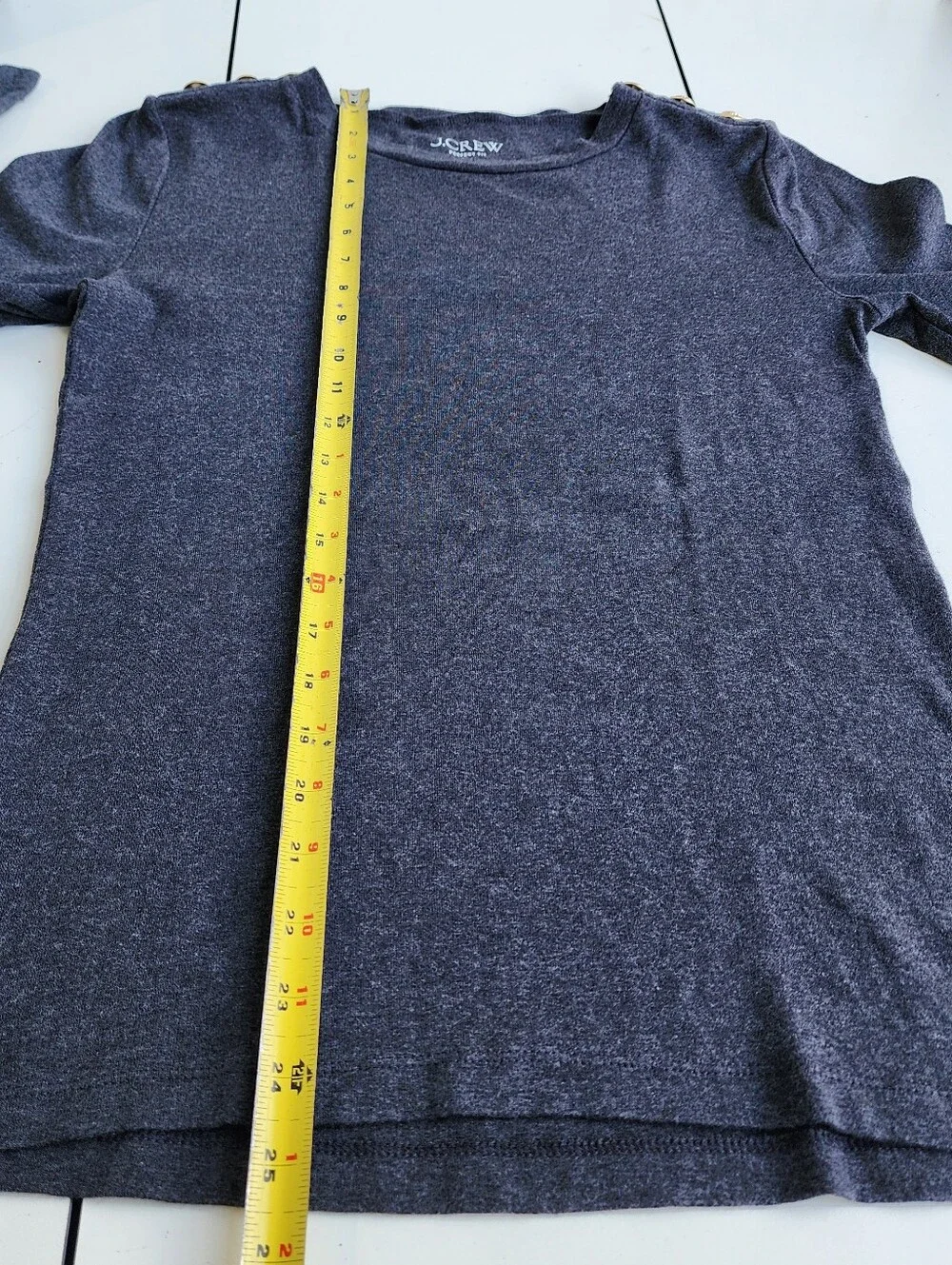 J.Crew Charcoal Gray Long-Sleeve Perfect Tee Gold Button Shoulders 100% Cotton M